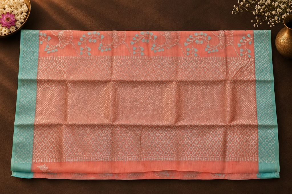 Peach-Coral Zari Kota Saree
