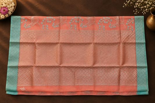 Peach-Coral Zari Kota Saree