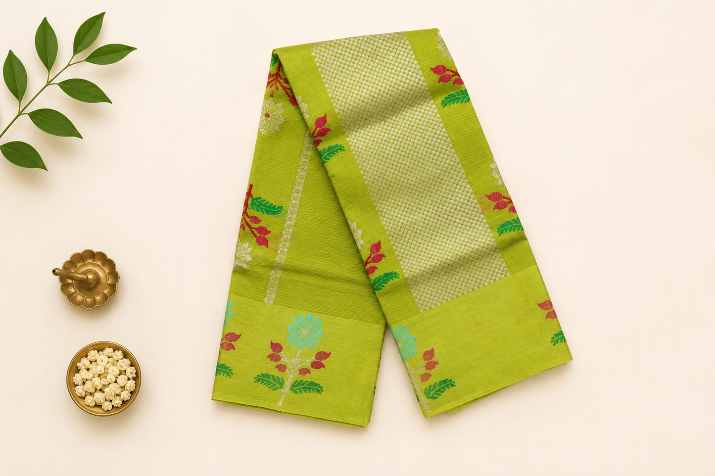 Parrot Green Zari Kota Saree