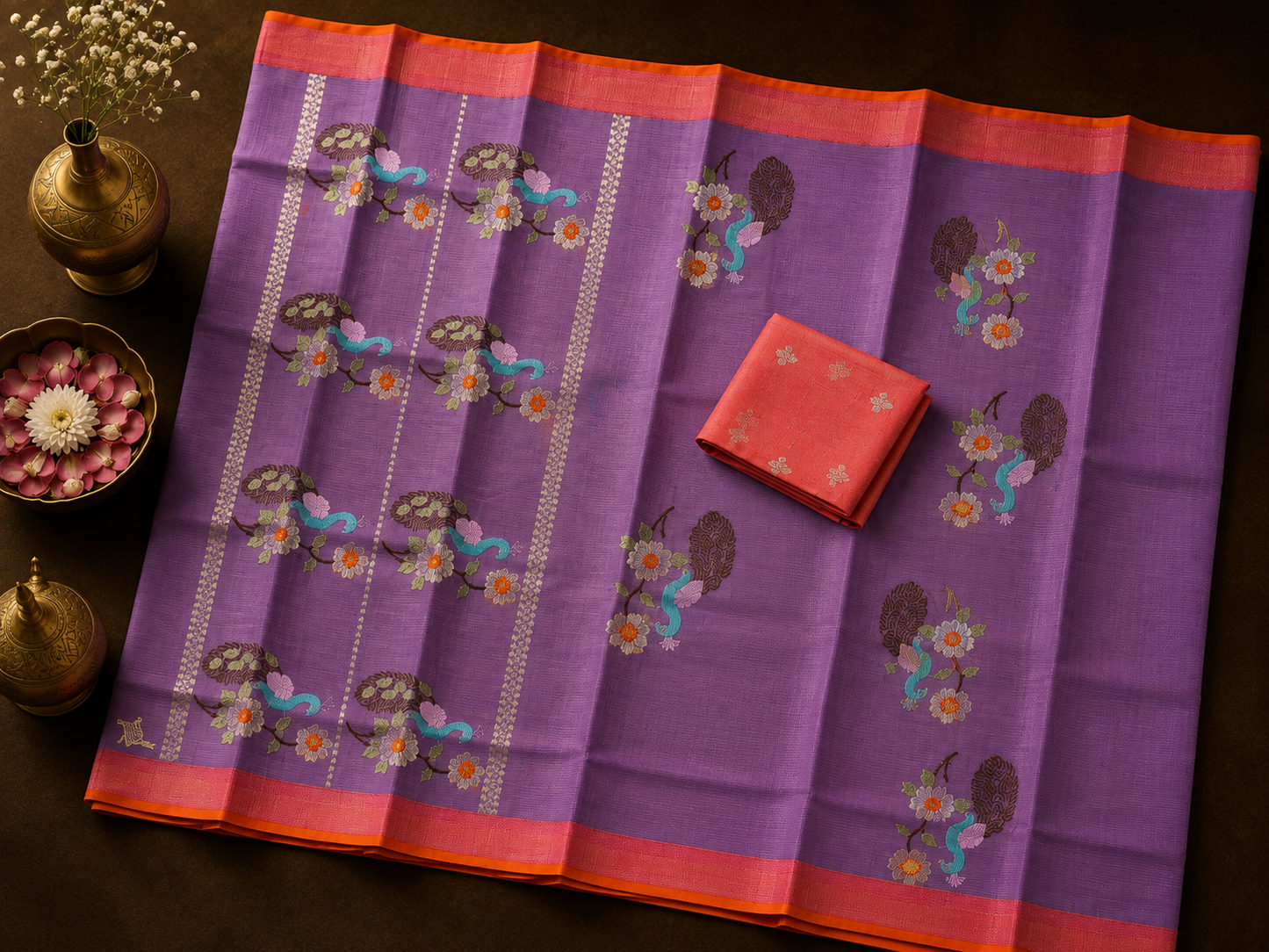 Purple Zari Kota Saree with Peacock-Floral Motifs