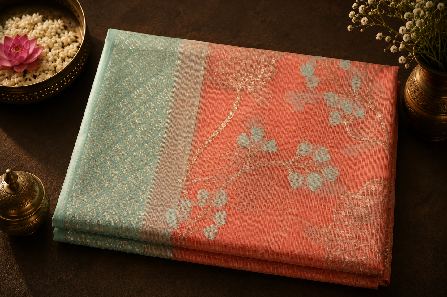 Peach-Coral Zari Kota Saree