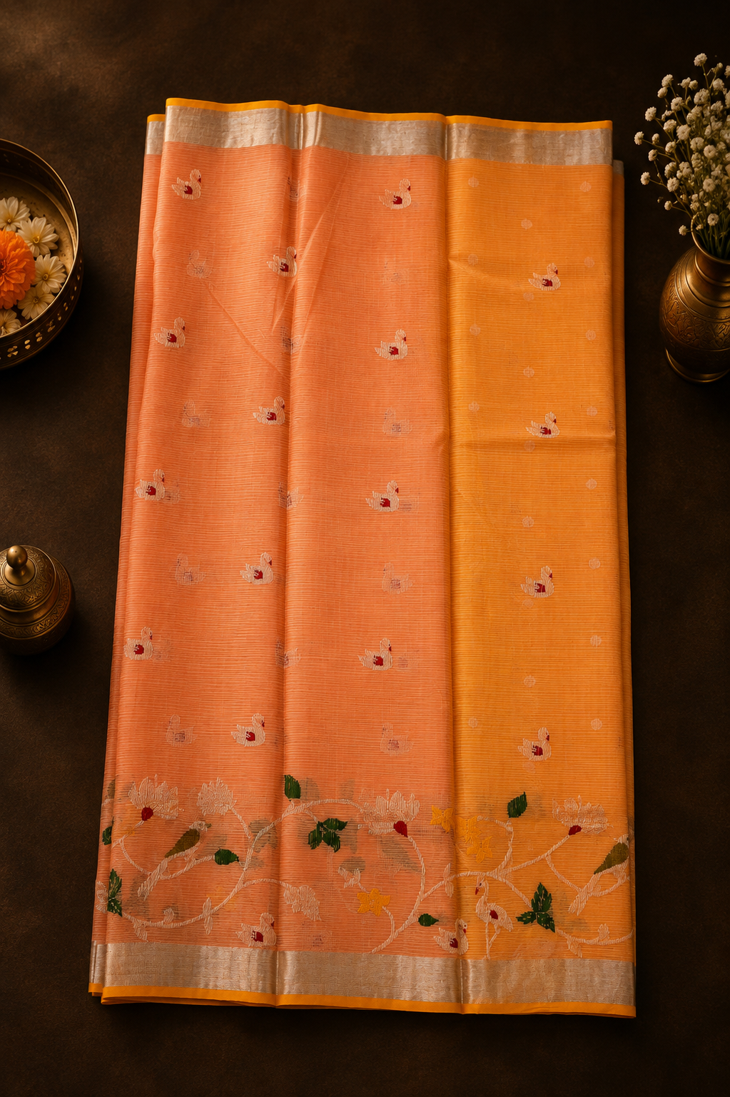 Peach-Orange Zari Kota Saree