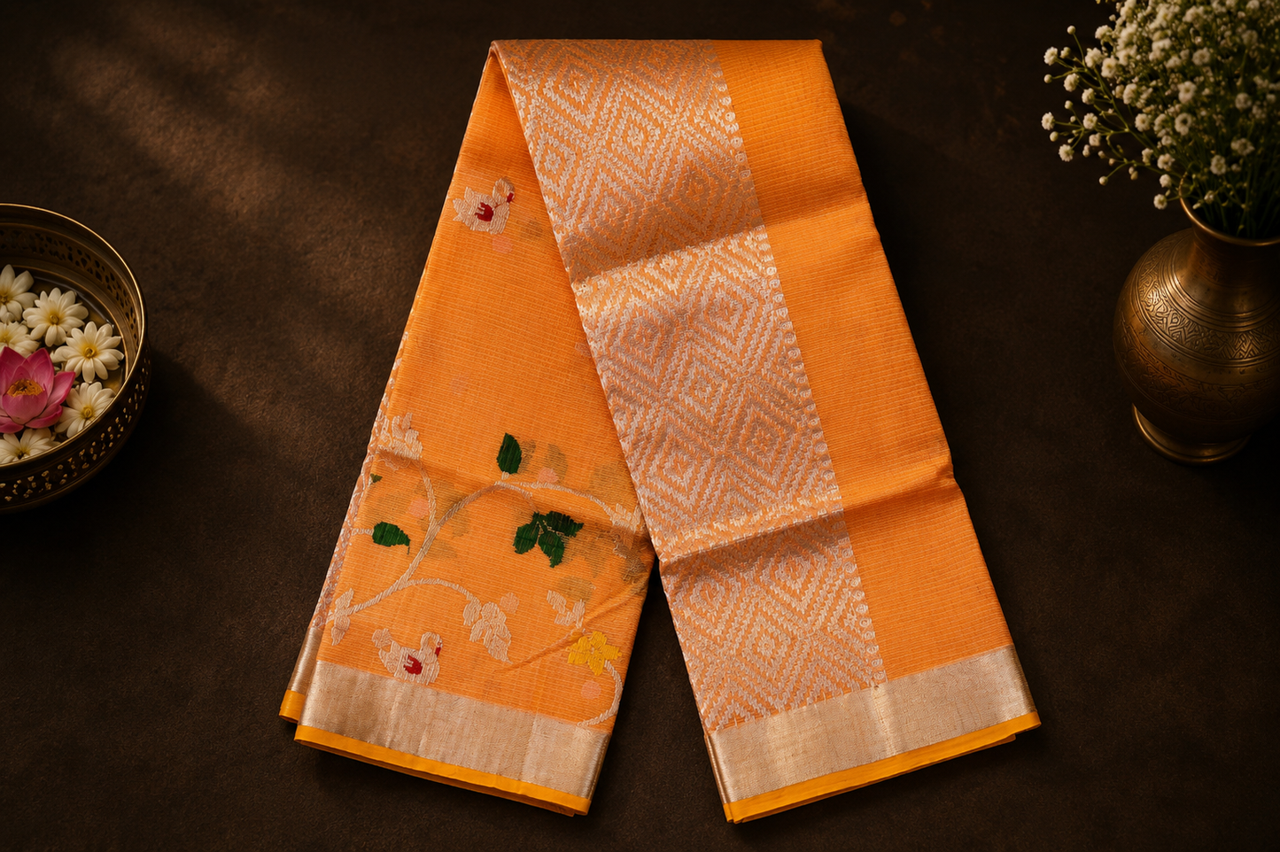 Peach-Orange Zari Kota Saree