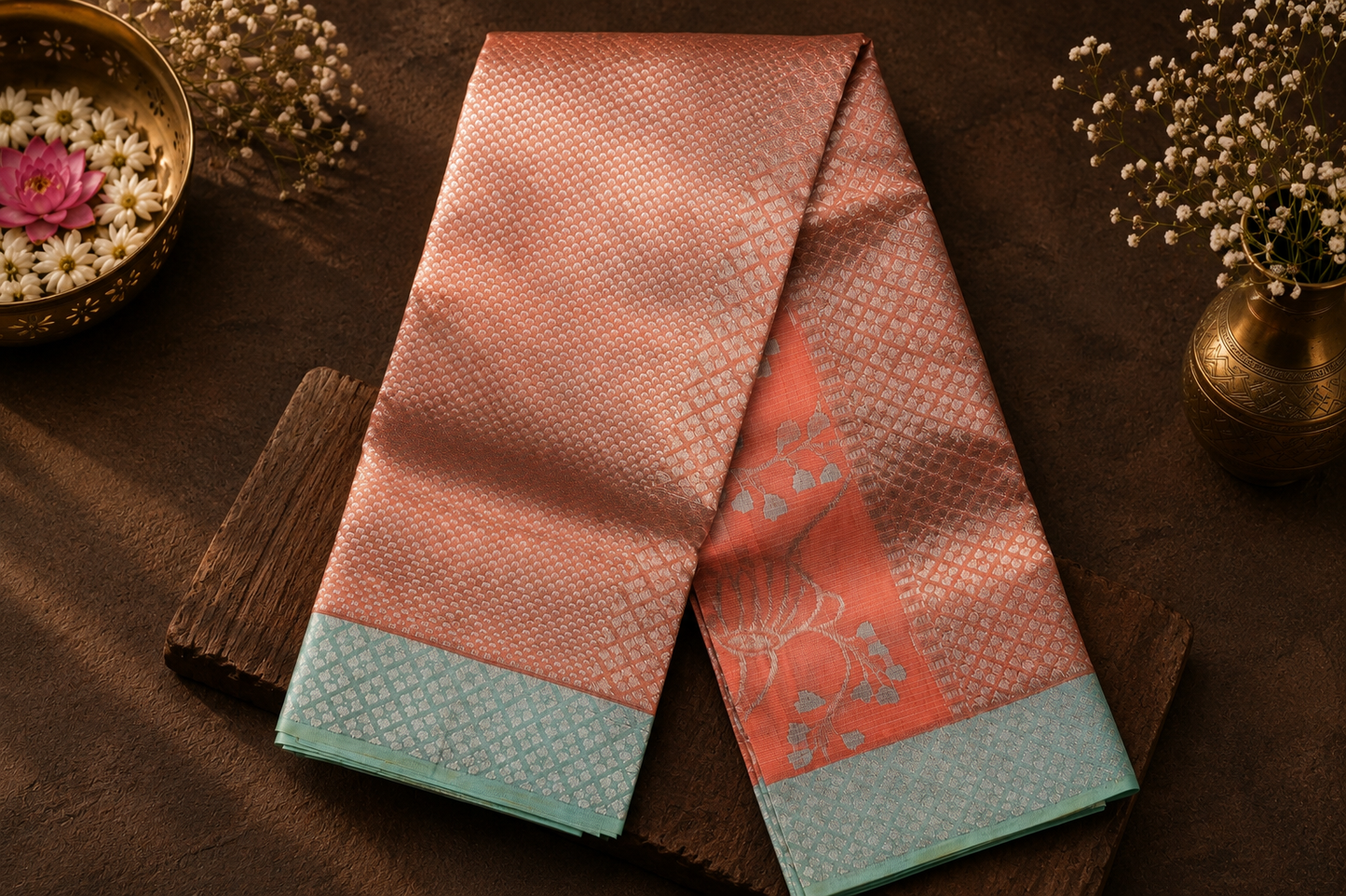 Peach-Coral Zari Kota Saree