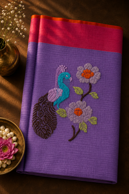 Purple Zari Kota Saree with Peacock-Floral Motifs