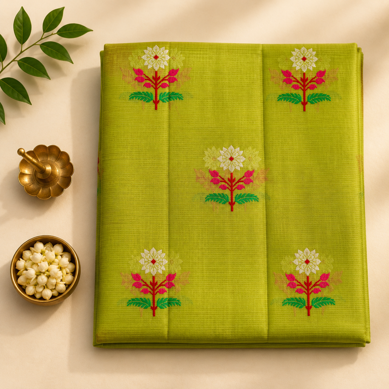 Parrot Green Zari Kota Saree