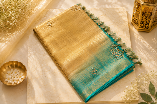 Beige-Teal Ombre Bhagalpuri Silk Saree