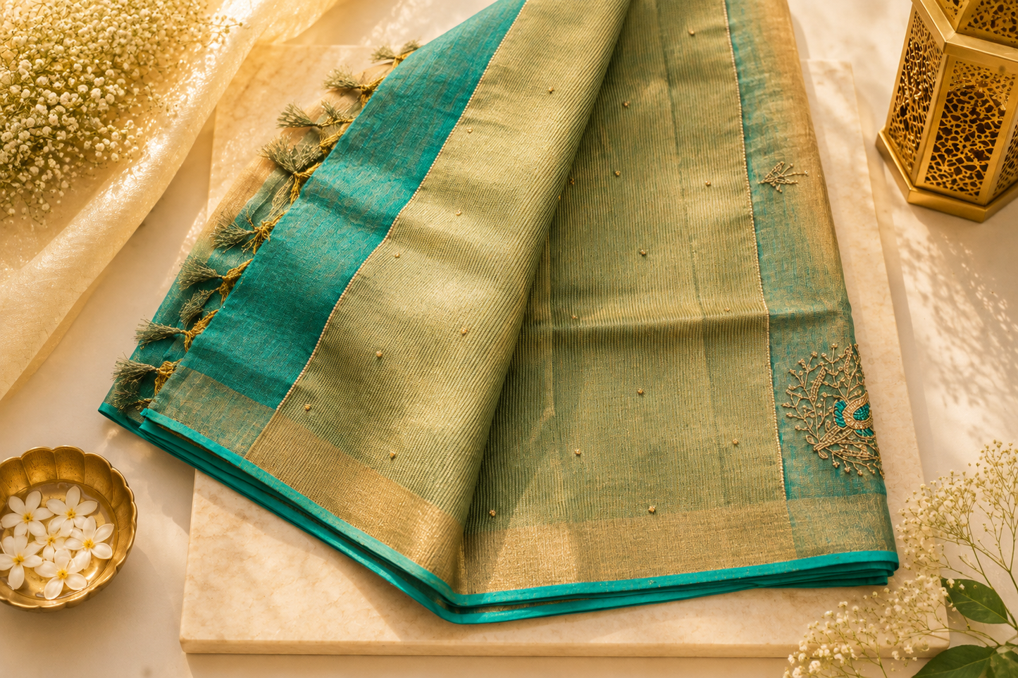 Beige-Teal Ombre Bhagalpuri Silk Saree
