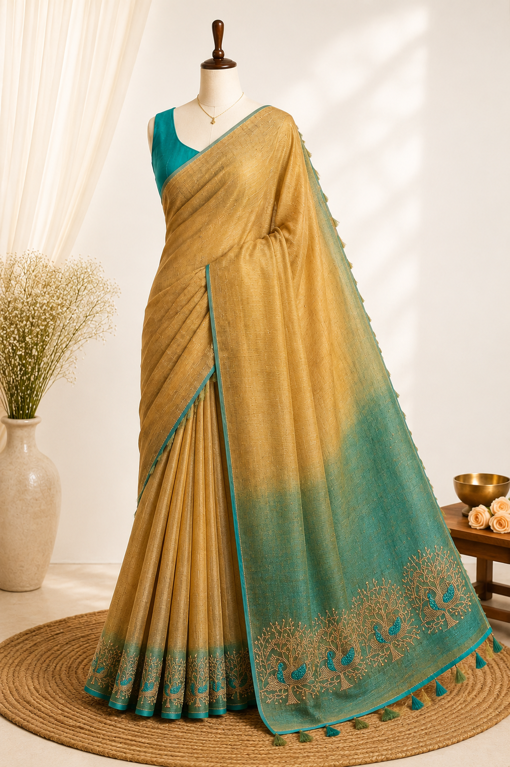 Beige-Teal Ombre Bhagalpuri Silk Saree