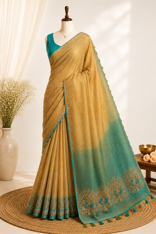Beige-Teal Ombre Bhagalpuri Silk Saree