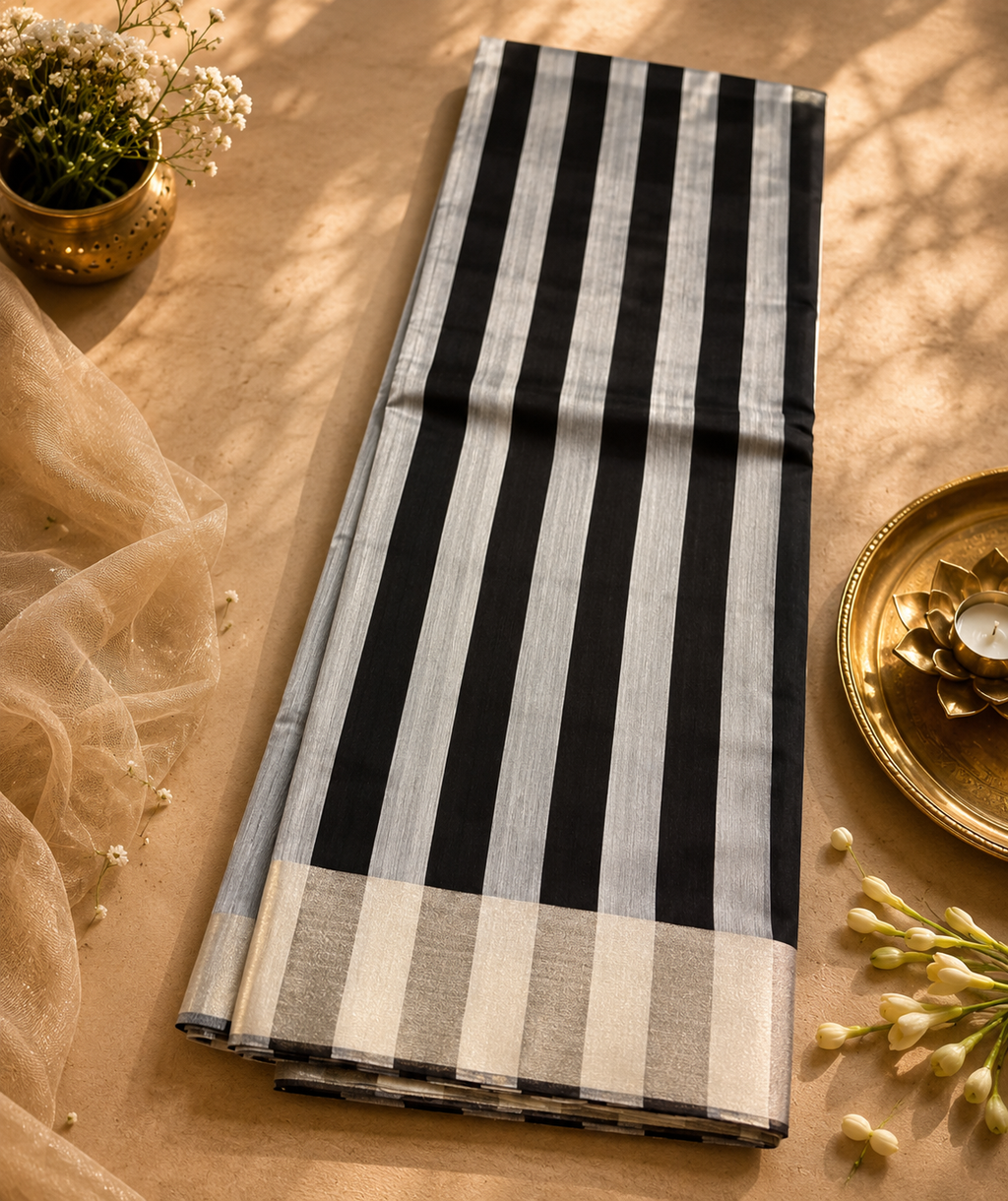 Black & Ivory Striped Chanderi Saree with Blouse AUV-900045