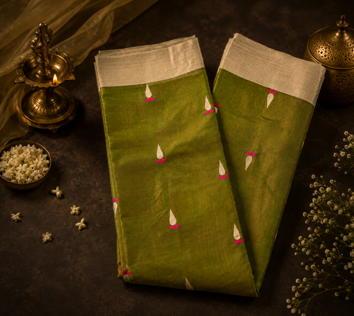 Olive Green Chanderi Saree with Gold-Pink Meenakari Buti, with Blouse AUV-900047