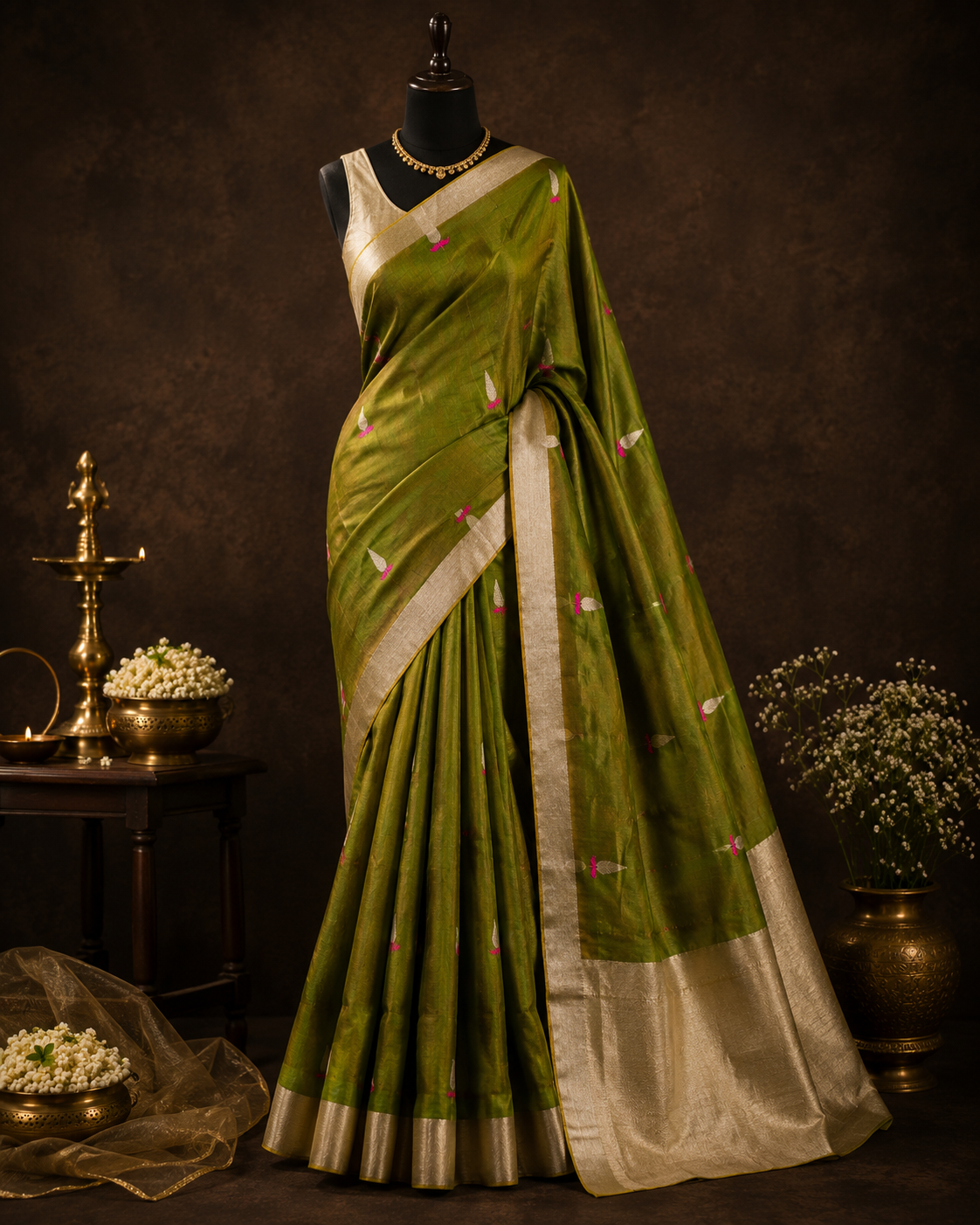 Olive Green Chanderi Saree with Gold-Pink Meenakari Buti, with Blouse AUV-900047