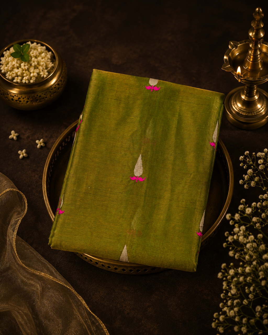 Olive Green Chanderi Saree with Gold-Pink Meenakari Buti, with Blouse AUV-900047
