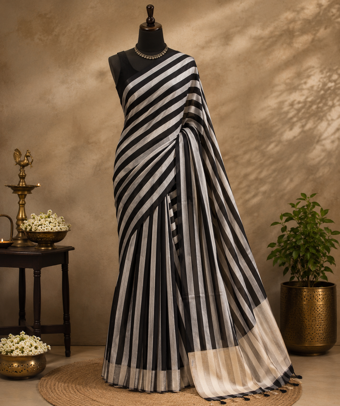 Black & Ivory Striped Chanderi Saree with Blouse AUV-900045