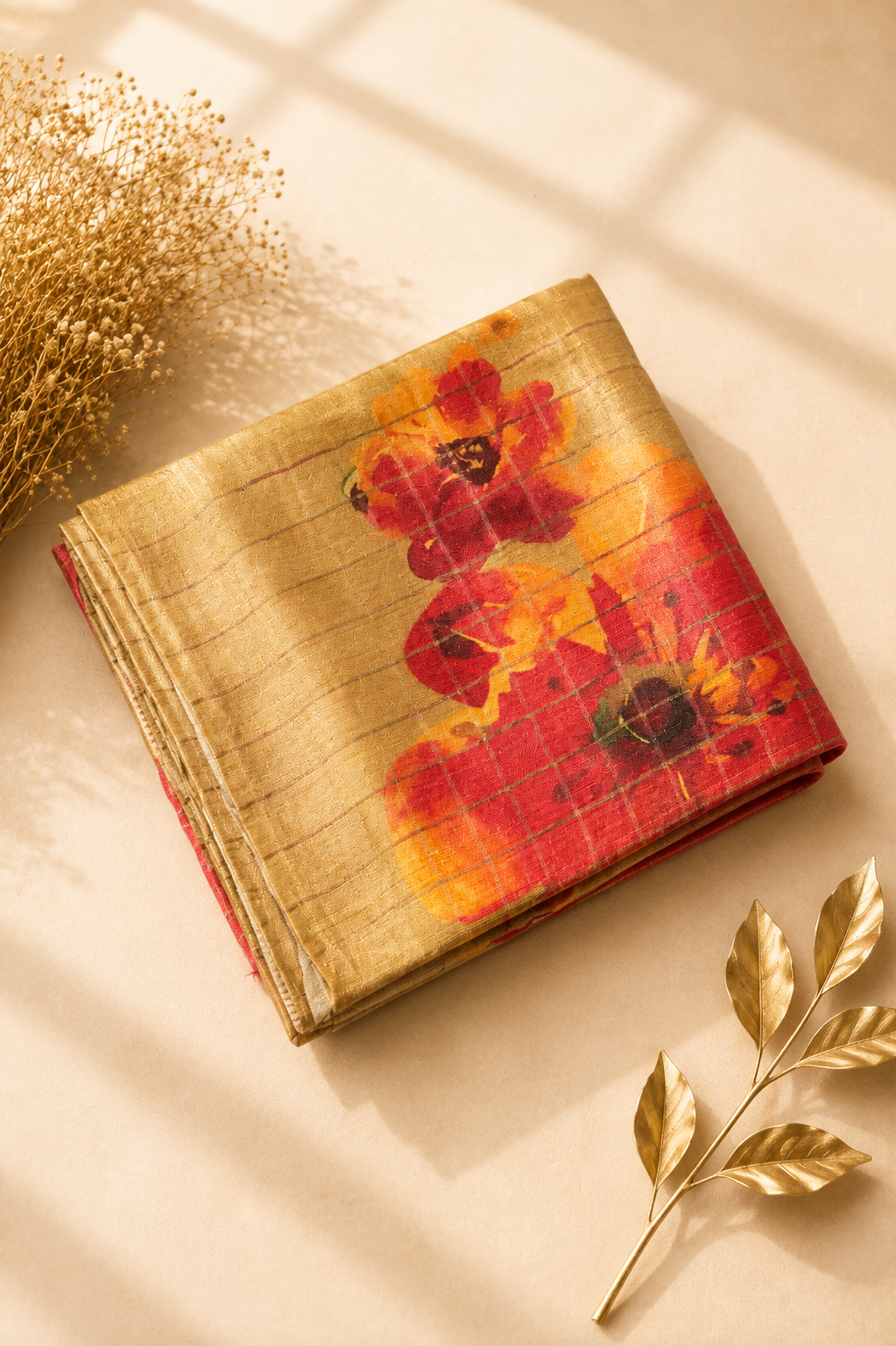 Golden Beige Tussar Silk Saree with Digital Red Floral Print and Gold Zari Checks