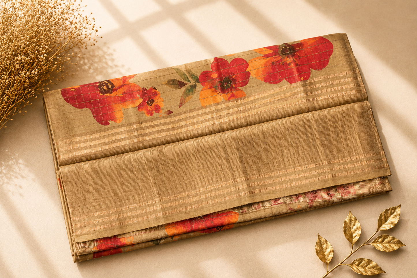 Golden Beige Tussar Silk Saree with Digital Red Floral Print and Gold Zari Checks