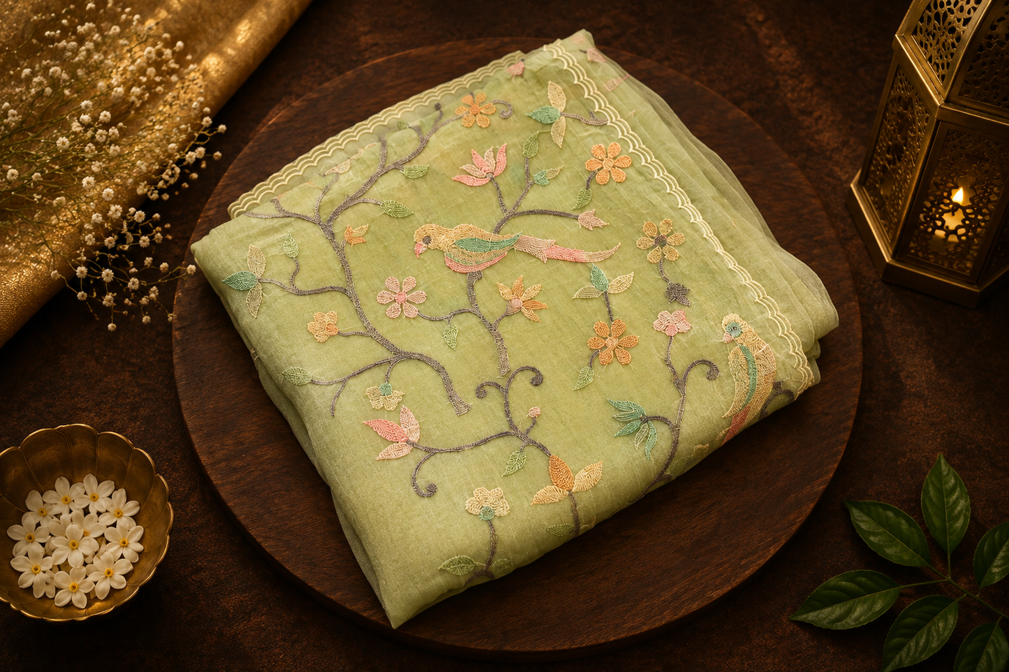 Garden Aviary — Semi Organza Saree with Bird and Blossom Embroidery