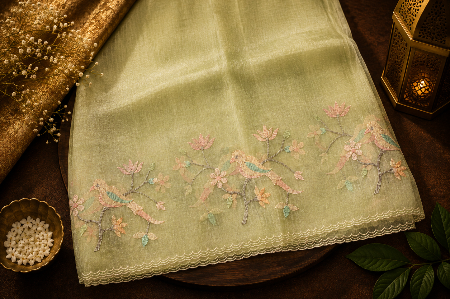 Garden Aviary — Semi Organza Saree with Bird and Blossom Embroidery