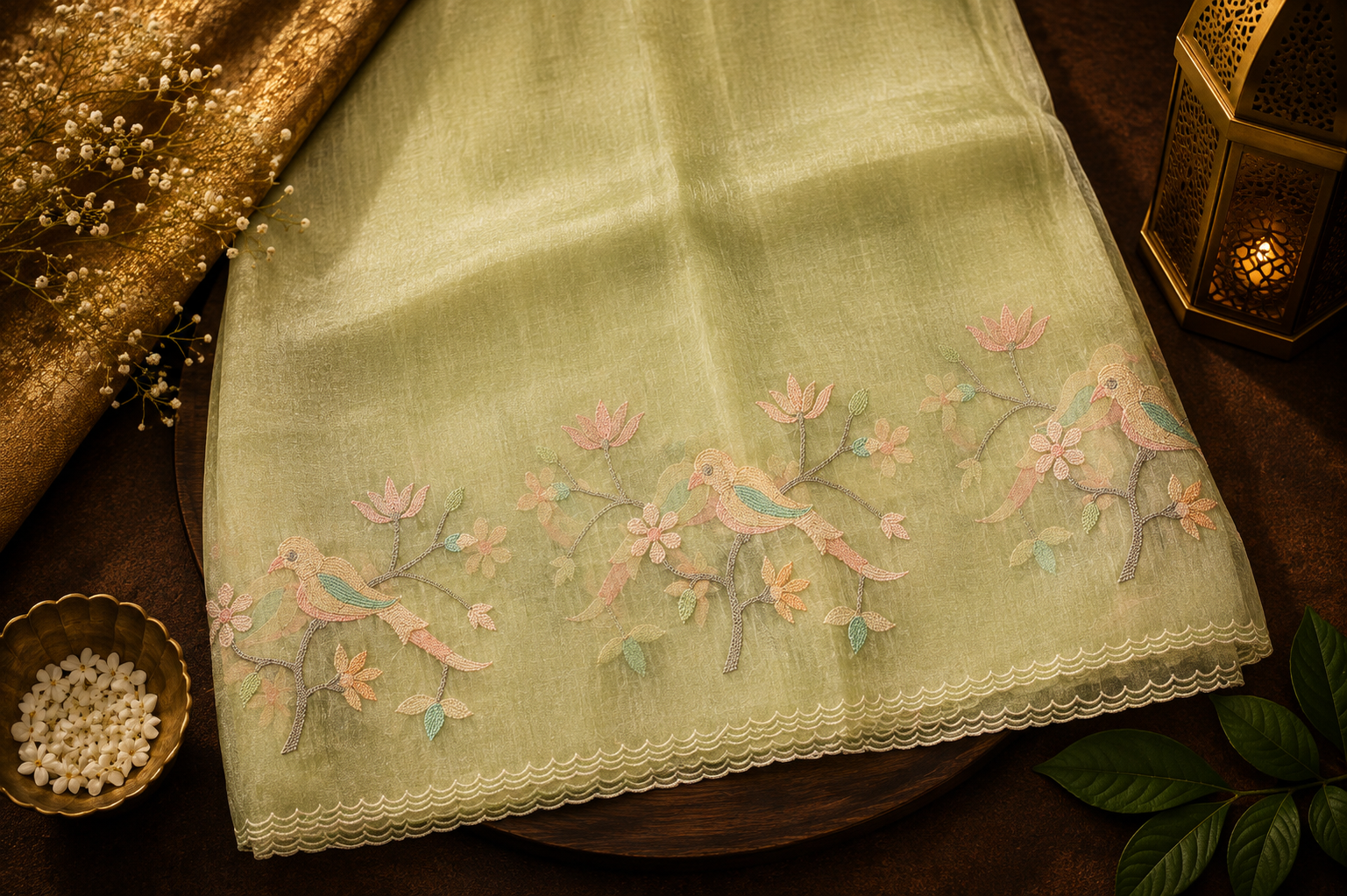 Garden Aviary — Semi Organza Saree with Bird and Blossom Embroidery