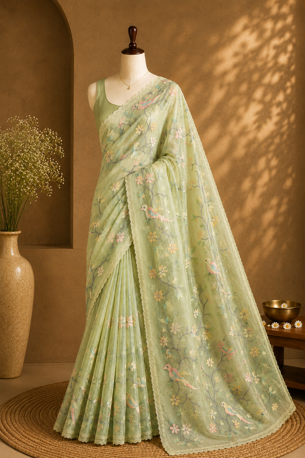 Garden Aviary — Semi Organza Saree with Bird and Blossom Embroidery
