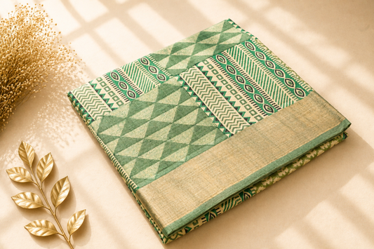Olive Green Tussar Silk Saree with Geometric Block Print