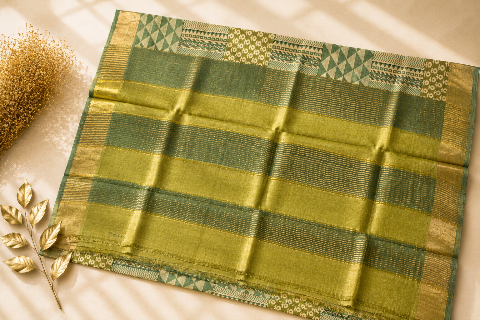 Olive Green Tussar Silk Saree with Geometric Block Print
