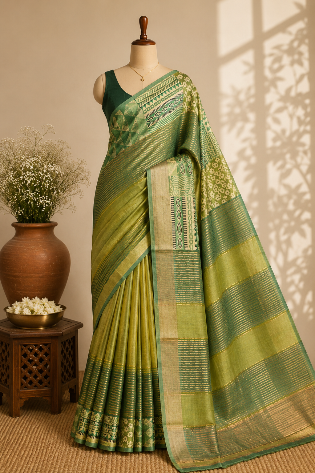 Olive Green Tussar Silk Saree with Geometric Block Print