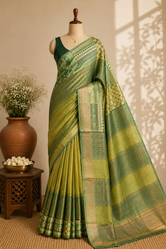 Olive Green Tussar Silk Saree with Geometric Block Print