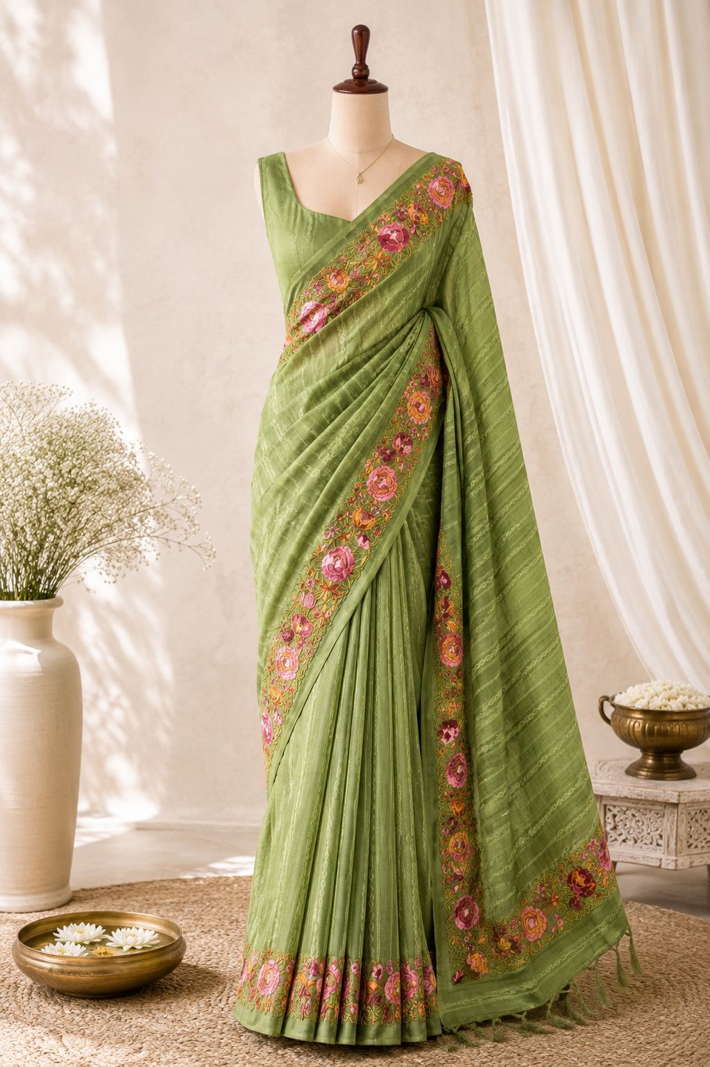 Sage Green Tussar Silk Saree with Parsi Floral Border and Self-Woven Gold Zari Stripes