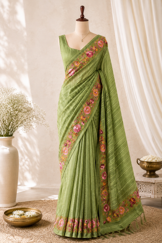 Sage Green Tussar Silk Saree with Parsi Floral Border and Self-Woven Gold Zari Stripes