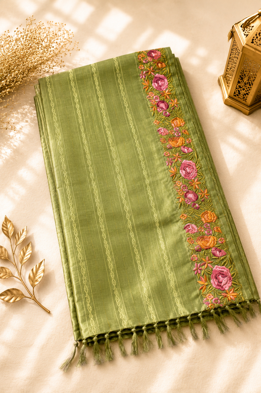 Sage Green Tussar Silk Saree with Parsi Floral Border and Self-Woven Gold Zari Stripes