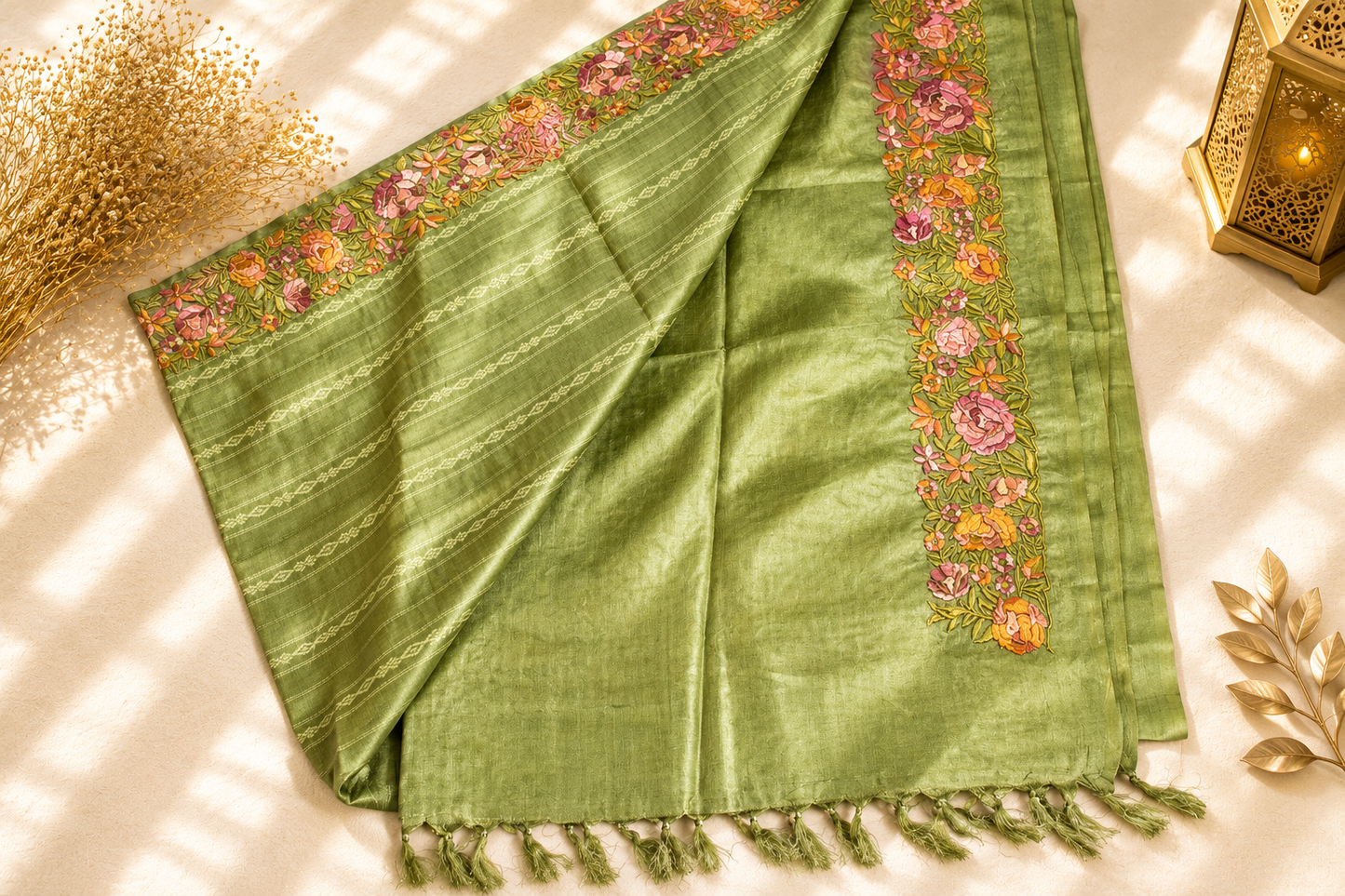 Sage Green Tussar Silk Saree with Parsi Floral Border and Self-Woven Gold Zari Stripes