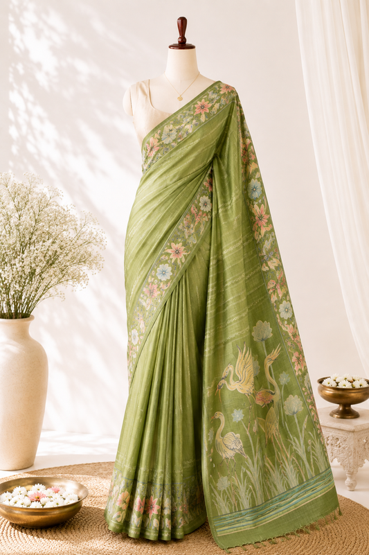 Olive Green Tussar Silk Saree — Hand-Painted Floral Vine Motif
