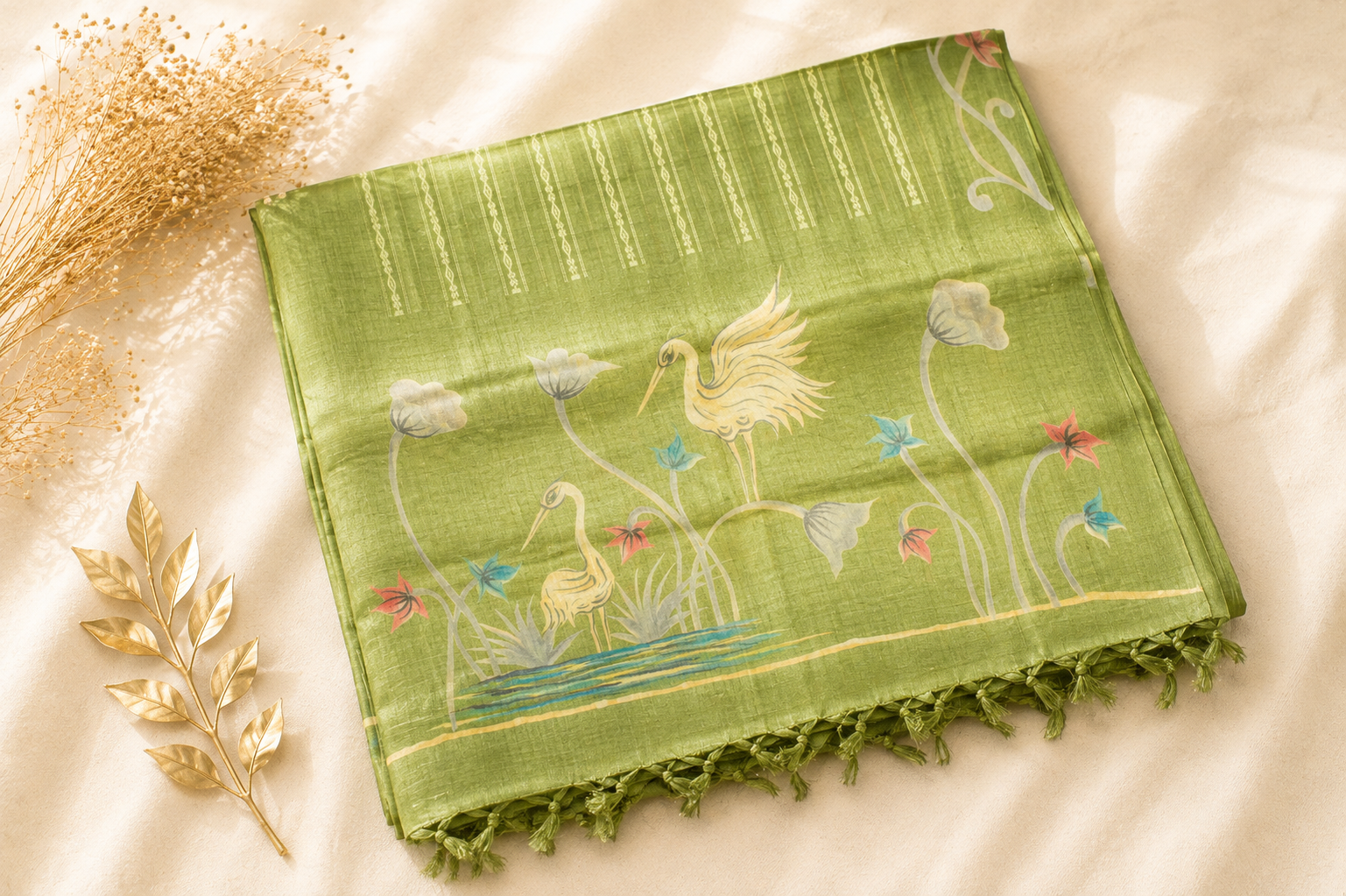 Olive Green Tussar Silk Saree — Hand-Painted Floral Vine Motif