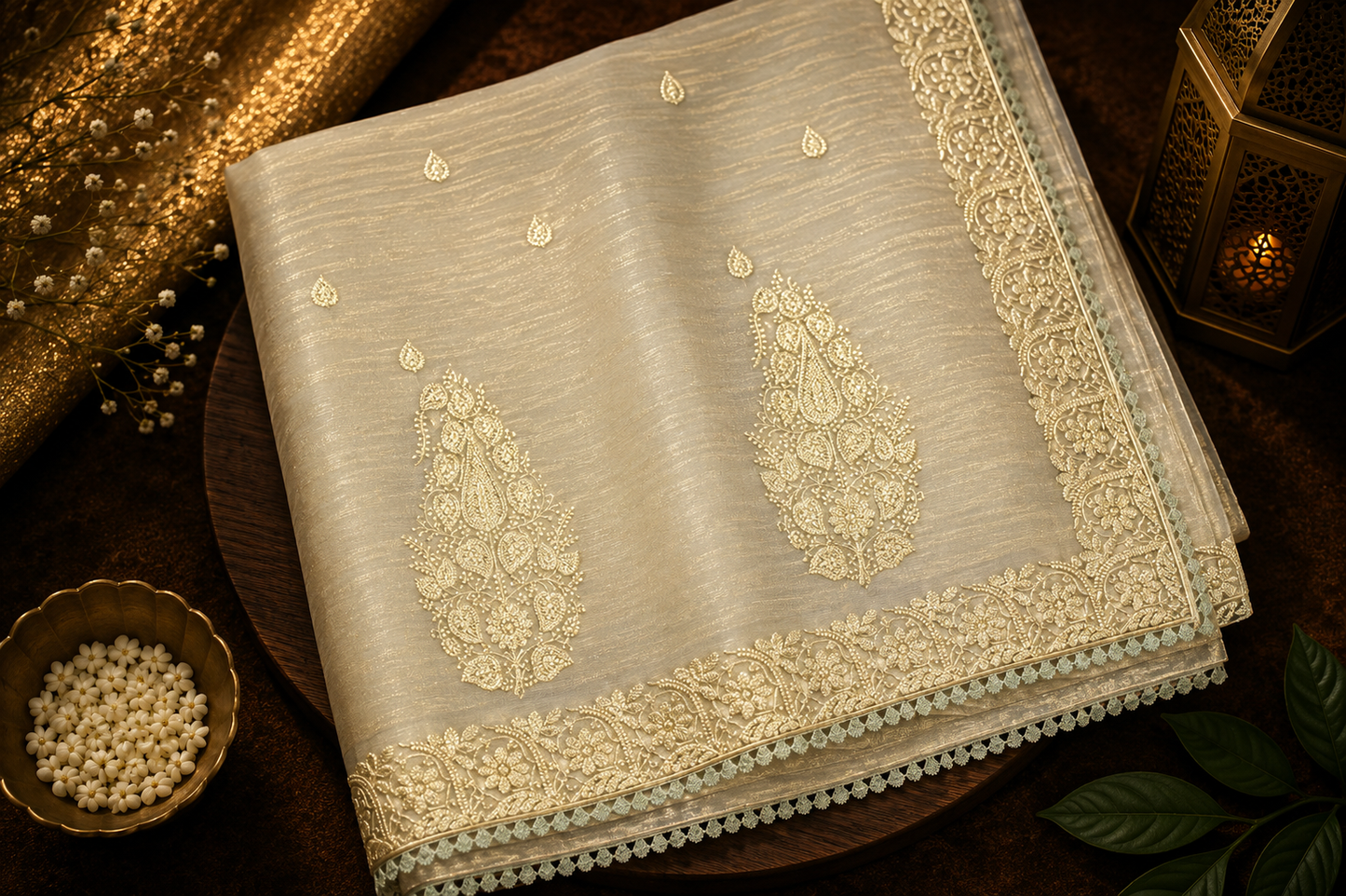 Sagewood Trail — Semi Organza Saree with Thread Embroidery