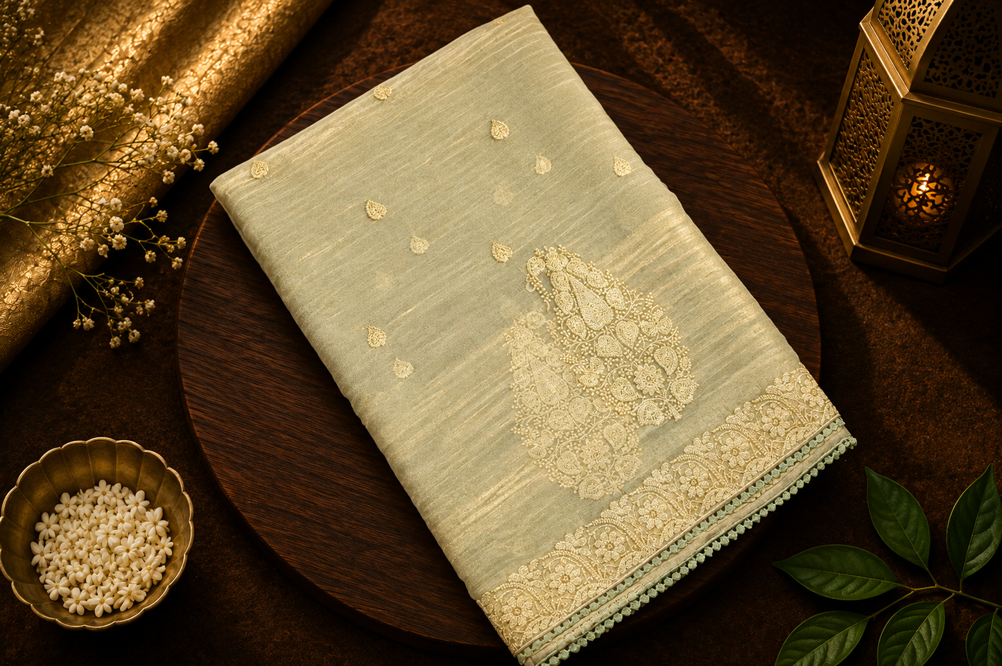 Sagewood Trail — Semi Organza Saree with Thread Embroidery