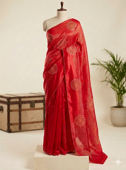 Rust Orange Organza Saree with Silver Stripes