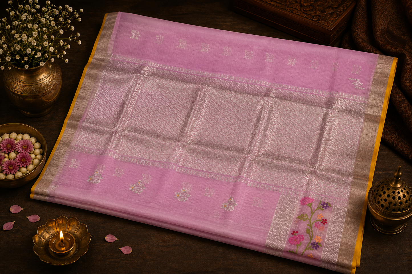 Lilac Pink Zari Kota Saree