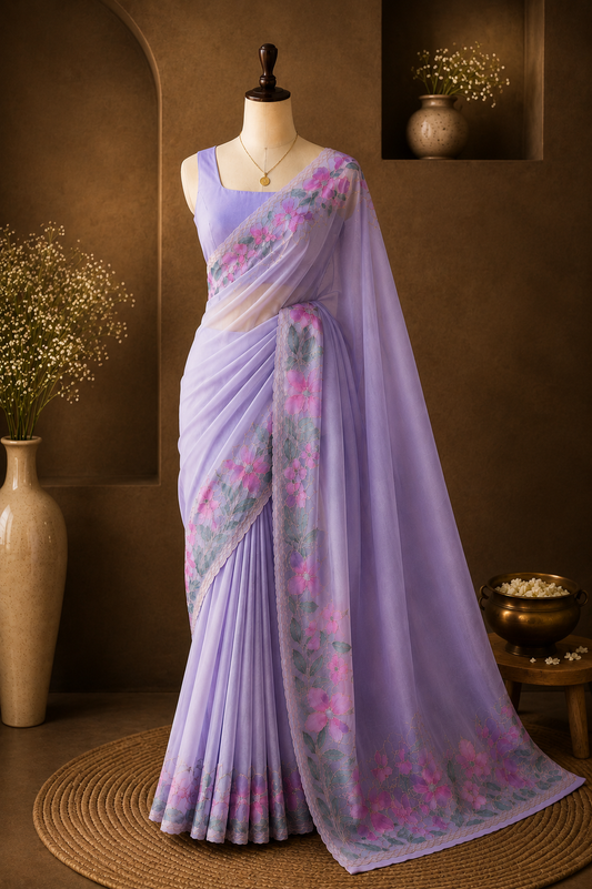 Lavender Bloom Organza Saree