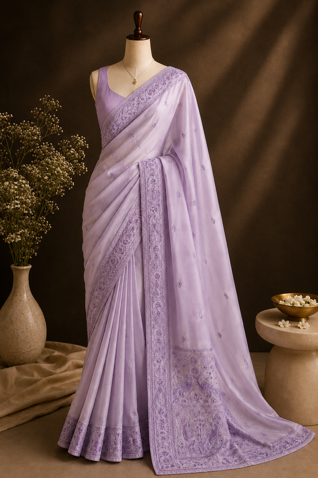 Lavender Embroidered Organza Saree