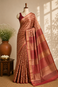 Rust Tussar Silk Saree with Woven Ikat Chevron Body