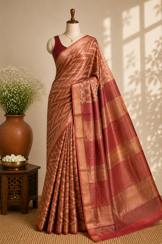 Rust Tussar Silk Saree with Woven Ikat Chevron Body
