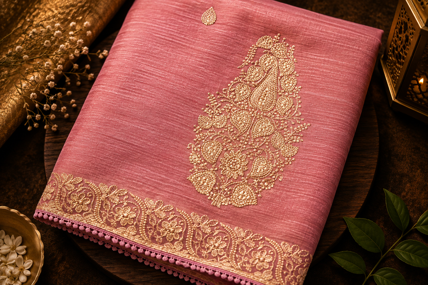 Pink Bloom — Semi Organza Crush Saree with Thread Embroidery