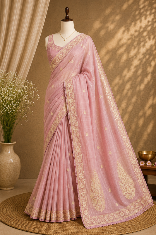 Pink Bloom — Semi Organza Crush Saree with Thread Embroidery