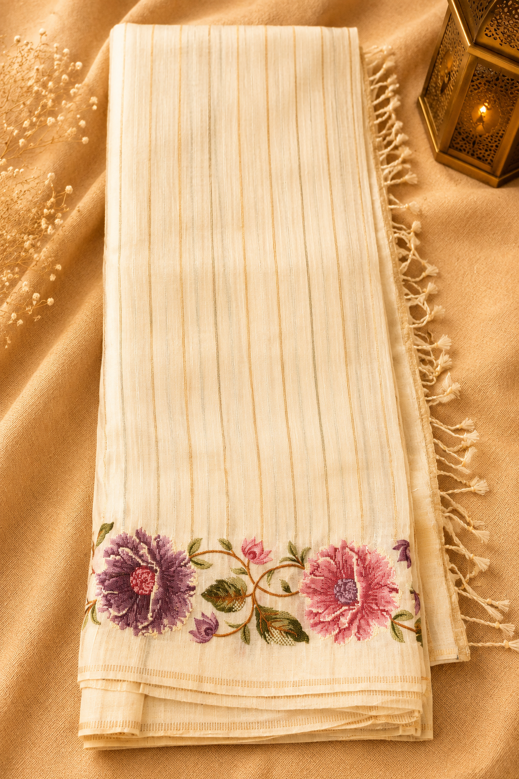 Off-White Tussar Silk Saree with Parsi Peony Floral Border and Self-Woven Gold Zari Stripes