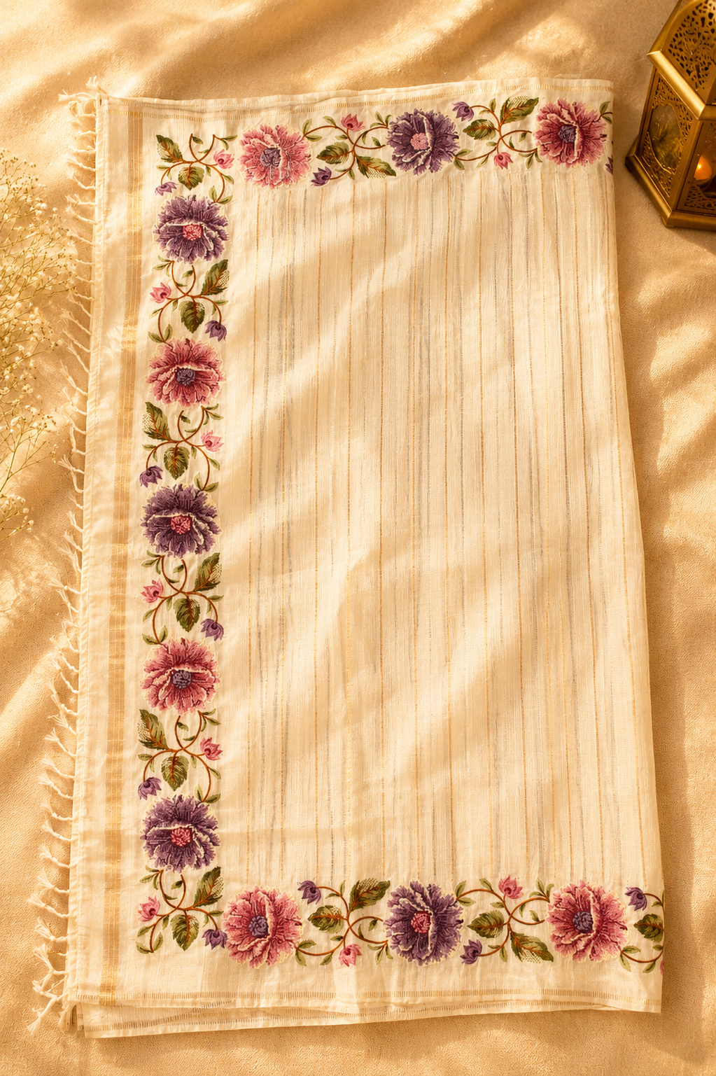 Off-White Tussar Silk Saree with Parsi Peony Floral Border and Self-Woven Gold Zari Stripes
