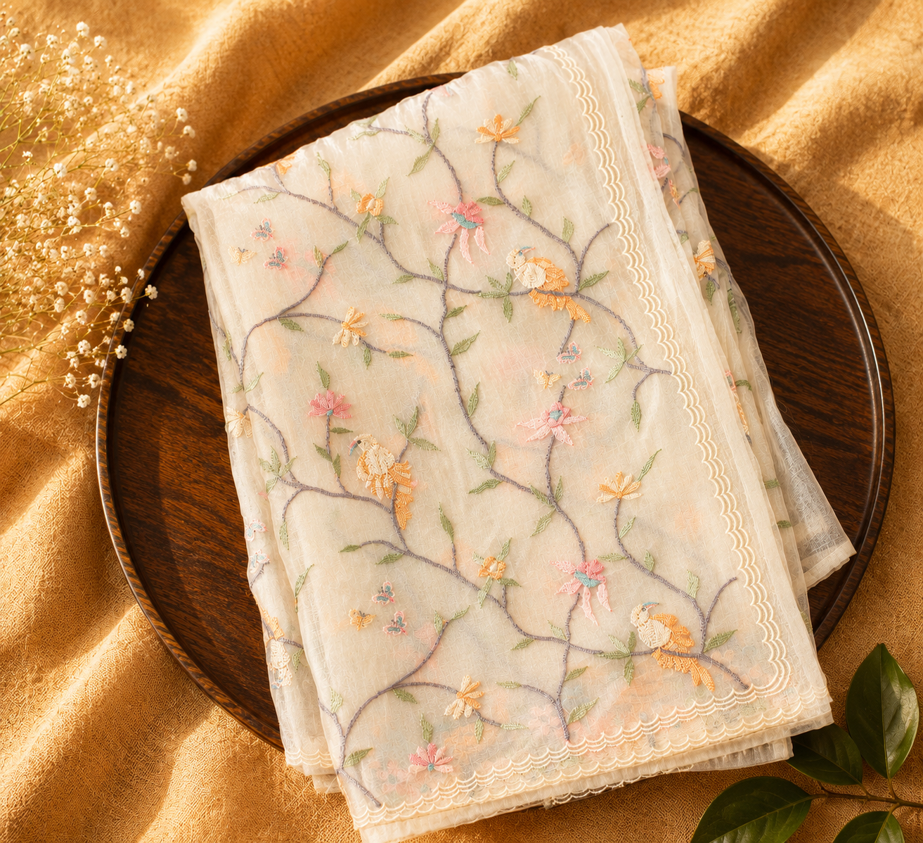Ivory Vine — Semi Organza Saree with Floral Vine Embroidery