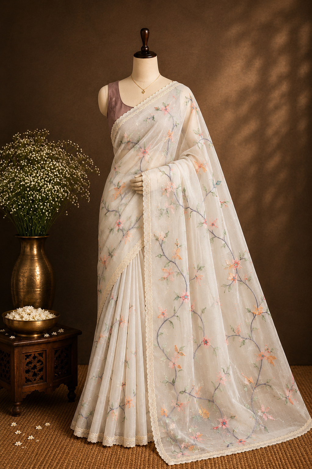 Ivory Vine — Semi Organza Saree with Floral Vine Embroidery