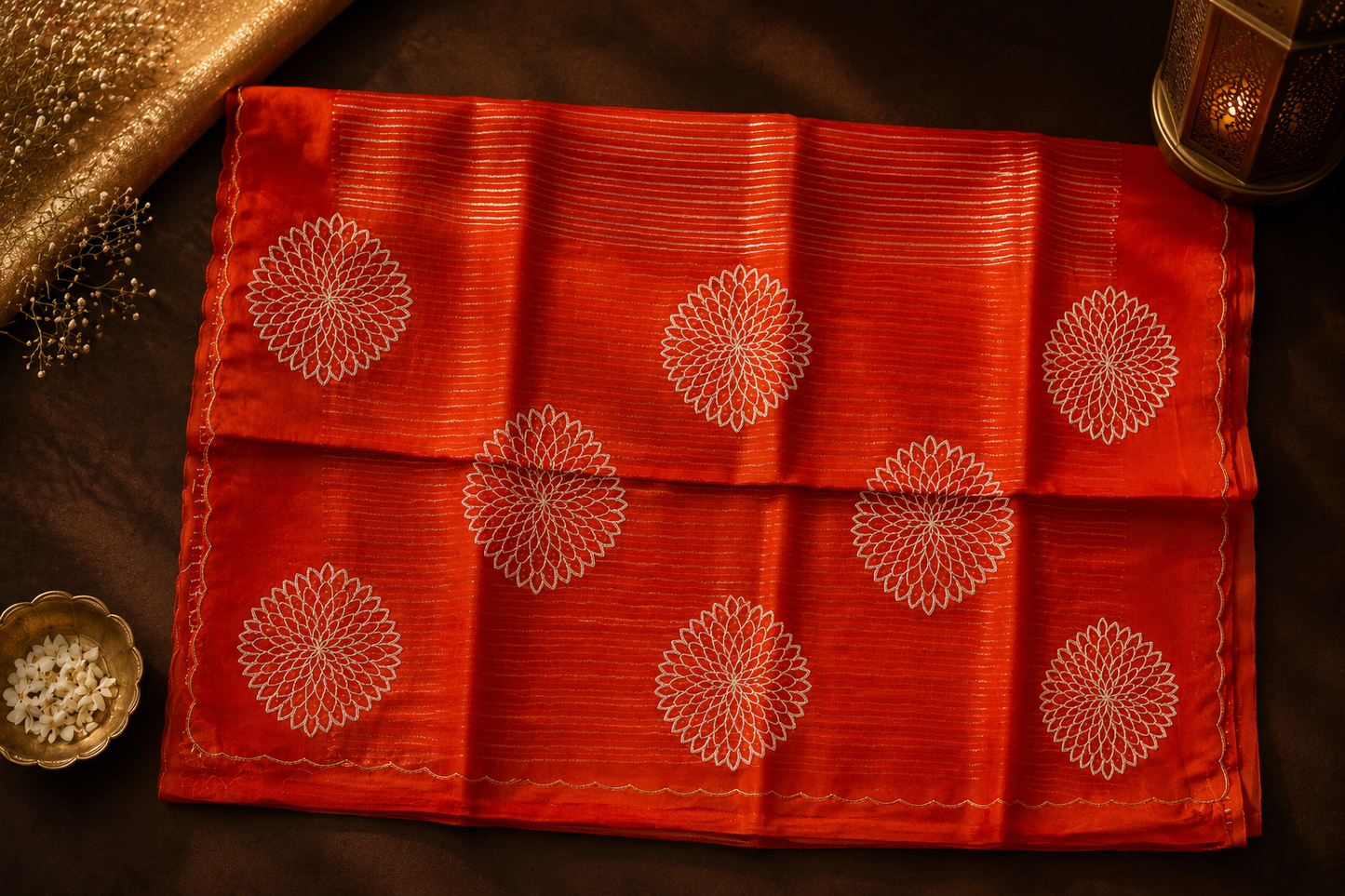 Rust Orange Organza Saree with Silver Stripes